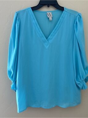Worthington Turquoise Blue V-Neck Blouse with 3/4 Puff Sleeves